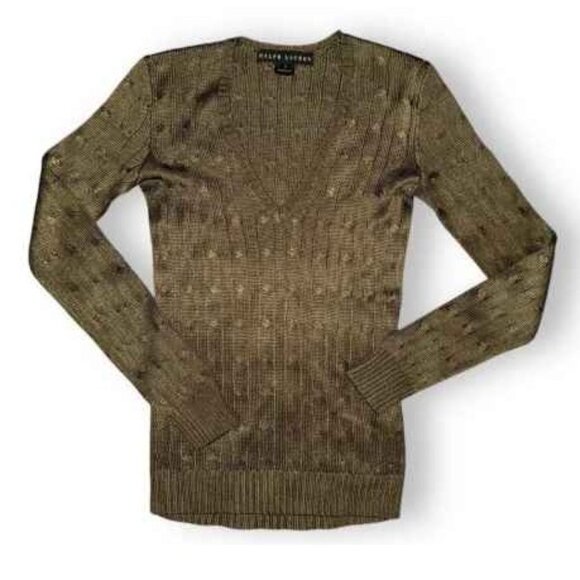 SOLDRalph Lauren Black Label 100% Silk Cable Knit V Neck Sweater, Military Green - Picture 2 of 14